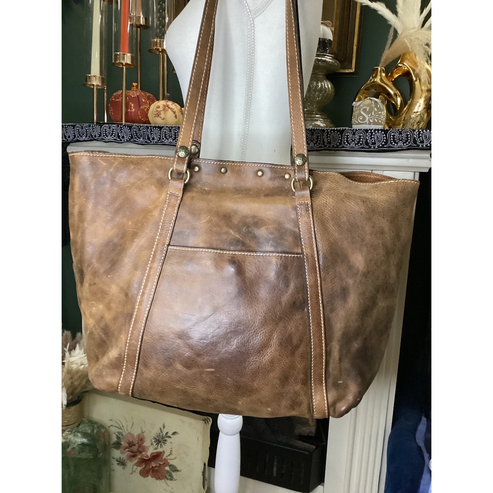Patricia Nash Leopard Calf Hair Distressed Leather Tote Bag Brown Large Studded - Picture 5 of 10